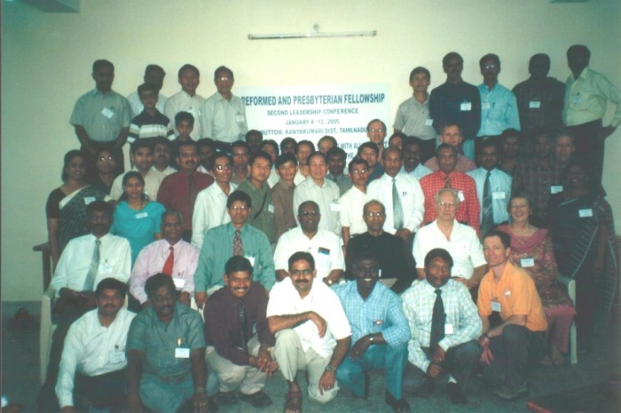 A group photo of all those attending the Reformed and Presbyterian Fellowship of India, Second Leadership Conference, January 8 – 12 2005. At Motton, Kanyakumari District, Tamilnadu representing 11 denominations.